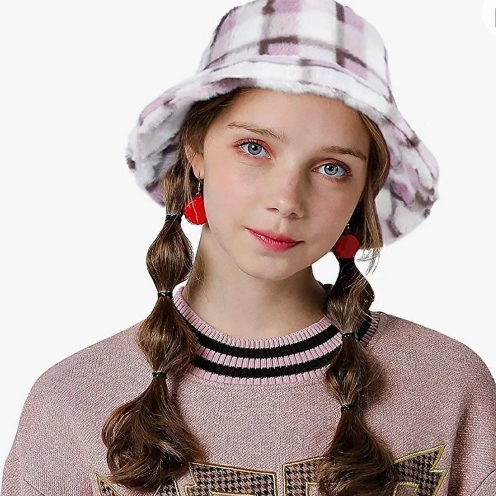 Bucket furry Hat Plaid & Check Print Furry  Winter Warm Faux Fur